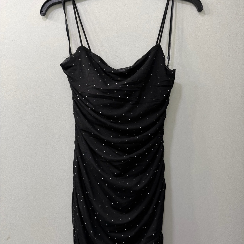 Black Sparkle Ruched Cowl Neck Mini Dress